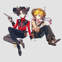  2boys absurdres battle_tendency blonde_hair boots brown_hair buckskin caesar_anthonio_zeppeli cowboy cowboy_boots cowboy_hat cowboy_western facial_mark fringe_trim green_eyes gun hat headband highres holster jojo_no_kimyou_na_bouken joseph_joestar joseph_joestar_(young) male_focus multiple_boys pickieeeee revolver spurs triangle_print vest weapon 