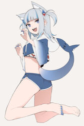  adapted_costume animal_ear_fluff animal_ears ass bare_legs barefoot blue_eyes blue_hair blue_nails blunt_bangs cat_ears cat_girl cropped_hoodie dolphin_shorts extra_ears fangs feet female fins fish_tail from_side full_body gawr_gura gawr_gura_(1st_costume) goten_(510gensoku) grey_background grey_hair hair_ornament highres hololive hololive_english hood hood_down hoodie kneeling legs long_sleeves looking_back medium_hair micro_shorts midriff multicolored_clothes multicolored_hair nail_polish open_mouth paw_pose shadow shark_girl shark_hair_ornament shark_tail shorts sidelocks soles solo streaked_hair tail teeth thighs toenail_polish toenails toes two_side_up upper_teeth_only v-shaped_eyebrows virtual_youtuber white_background wide_sleeves 