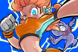  1boy alien blue_eyes brown_hair commentary_request crop_top earrings female gloves hououji_arashi jewelry mario_(series) mario_strikers official_alternate_costume one_eye_closed orange_shirt orange_shorts princess_daisy shirt shorts soccer soccer_uniform sportswear stomach strikers_daisy super_mario_strikers t-shirt tatanga upper_body 