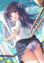  ass black_sailor_collar black_skirt blue_sky blush breasts clothes_lift cloud day euphonium ezoshika female from_behind holding holding_instrument instrument long_hair looking_at_viewer looking_back medium_breasts mouthpiece open_mouth original outdoors panties pleated_skirt purple_eyes purple_hair sailor_collar school_uniform serafuku sheet_music shirt short_sleeves skirt skirt_lift sky solo striped_clothes striped_panties trombone two_side_up underwear very_long_hair wavy_mouth white_shirt 