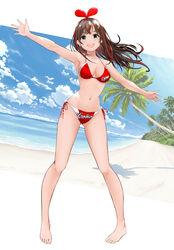  :d absurdres armpits ass_visible_through_thighs bare_arms bare_legs bare_shoulders barefoot beach bikini blush bow bow_hairband breasts brown_hair clothes_writing collarbone day feet female full_body gibun_(sozoshu) green_eyes hairband halterneck highres hiroshima_touyou_carp horizon kizuna_ai kizuna_ai_inc. legs long_hair looking_at_viewer medium_breasts multicolored_hair navel nippon_professional_baseball ocean open_mouth outdoors outstretched_arms palm_tree pigeon-toed red_bikini red_bow red_hair side-tie_bikini_bottom smile solo standing stomach streaked_hair string_bikini swimsuit teeth toes tree two-tone_hair upper_teeth_only virtual_youtuber water 