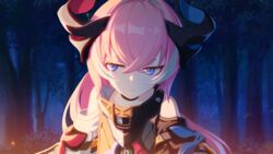  armor bare_shoulders black_choker blue_eyes choker closed_mouth clothing_cutout embers female forest hair_between_eyes highres honkai_(series) honkai_impact_3rd horns long_hair multicolored_hair nature night official_art pink_hair resized rozaliya_olenyeva rozaliya_olenyeva_(fervent_tempo) shoulder_cutout solo streaked_hair third-party_source tree upper_body upscaled white_hair 