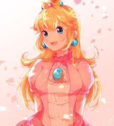  :d arms_behind_back blonde_hair blue_eyes commentary_request dress earrings elbow_gloves female gloves hair_between_eyes head_tilt indisk_irio jewelry long_hair mario_(series) open_mouth petals pink_dress princess_peach short_sleeves smile solo sphere_earrings standing very_long_hair white_background white_gloves 