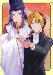  2boys absurdres autumn_leaves between_fingers bishounen board_game brown_hair dress_shirt dyed_bangs earrings fan_to_mouth folded_fan folding_fan fujiwara_no_sai gakuran go_(board_game) green_eyes hair_intakes hand_fan hand_up hat highres hikaru_no_go holding japanese_clothes jewelry kariginu kimono kpmk light_smile lips looking_at_viewer male_focus multicolored_hair multiple_boys orange_hair paper_fan parted_bangs purple_eyes purple_hair purple_lips ribbon-trimmed_sleeves ribbon_trim school_uniform shindou_hikaru shirt short_hair sleeves_past_wrists standing stud_earrings tate_eboshi wide_sleeves 