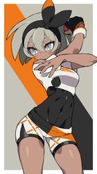  bea_(pokemon) black_bodysuit black_hairband bodysuit bodysuit_under_clothes border bow_hairband breasts commentary covered_navel dark-skinned_female dark_skin eyelashes female gloves grey_eyes grey_hair hair_between_eyes hairband highres holding holding_poke_ball itsumo_nokoru looking_to_the_side partially_fingerless_gloves poke_ball poke_ball_(basic) pokemon pokemon_swsh print_shirt print_shorts shirt short_hair short_sleeves shorts side_slit side_slit_shorts single_glove solo stretching tied_shirt white_border wristband 