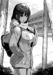  :p bag blush breasts cardigan cleavage condom condom_wrapper cowboy_shot female greyscale hand_up highres holding holding_condom kojima_saya large_breasts long_sleeves looking_at_viewer monochrome original outdoors scarf school school_bag school_yard shoulder_bag smile solo standing tongue tongue_out 