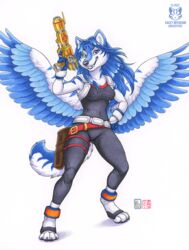  2022 anthro black_nose blue_eyes blue_hair breasts canid canine canis clothed clothing feathered_wings feathers female gene_starwind gun hair kacey mammal navel_outline outlaw_star ranged_weapon shirt simple_background solo spread_wings tail tala_(suntattoowolf) tank_top topwear weapon white_background wings wolf 