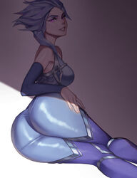  absurdres armpit_crease armpits ass bare_shoulders blue_hair blue_thighhighs bodysuit breasts commentary_request female frostblade_irelia highres irelia korean_commentary league_of_legends lips lying medium_breasts on_side purple_eyes shadow short_hair signature simple_background smile solbang-ul solo thick_thighs thighhighs thighs white_background 