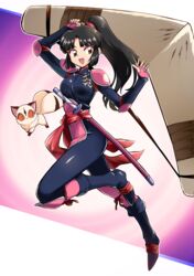  :d absurdres armor black_hair bodysuit boomerang elbow_pads eyeliner full_body highres hiraikotsu holding holding_weapon inuyasha kirara_(inuyasha) knee_pads makeup open_mouth pauldrons ponytail sango_(inuyasha) sheath sheathed shoulder_armor skin_tight smile sword usoco weapon 