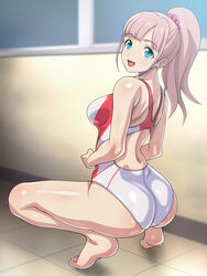  aqua_eyes barefoot breasts competition_swimsuit female from_behind grey_hair legs long_hair looking_at_viewer looking_back medium_breasts monteriakitto one-piece_swimsuit original smile solo squatting swimsuit white_one-piece_swimsuit 