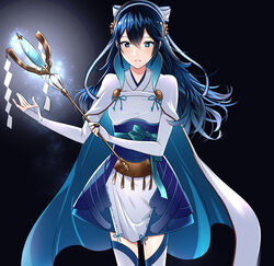  alternate_costume ameno_(a_meno0) aqua_bow blue_eyes blue_hair bow breasts cape commentary_request cosplay elbow_gloves female fire_emblem fire_emblem_awakening fire_emblem_fates floating_cape floating_hair gloves hair_between_eyes hair_ornament hairbow japanese_clothes long_hair looking_at_viewer lucina_(fire_emblem) nontraditional_miko sakura_(fire_emblem) sakura_(fire_emblem)_(cosplay) sidelocks simple_background slim_legs small_breasts solo staff standing striped striped_bow symbol-shaped_pupils thighhighs white_gloves white_thighhighs zettai_ryouiki 