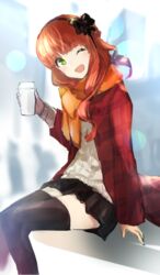  bad_id bad_pixiv_id black_skirt black_thighhighs blunt_bangs blush cup de_ruyter_(kancolle) disposable_cup female green_eyes hairband highres holding holding_cup jacket kantai_collection long_hair long_sleeves one_eye_closed open_mouth orange_scarf plaid plaid_jacket red_hair red_jacket scarf sitting skirt solo thighhighs weasel_(close-to-the-edge) zettai_ryouiki 