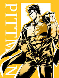  1boy abs absurdres alchemy_stars amol_0522 bara bare_pectorals black_hair feet_out_of_frame highres jacket large_pectorals looking_over_eyewear looking_to_the_side male_focus muscular muscular_male no_nipples open_clothes open_jacket pectorals pittman_(alchemy_stars) scar scar_on_chest short_hair sideburns solo standing stomach suit sunglasses yellow_theme 