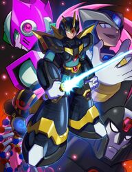  4boys :d android armor black_headwear blue_bodysuit bodysuit closed_mouth commentary_request energy_sword evil_grin evil_smile forehead_jewel full_body gate_(mega_man) gloves green_eyes grin helmet high_max_(mega_man) highres holding holding_weapon hoshi_mikan looking_at_viewer looking_back male_focus mega_man_(series) mega_man_x6 mega_man_x_(series) multiple_boys nightmare_virus_(mega_man) open_mouth purple_eyes purple_headwear robot_ears serious shoulder_armor smile standing sword teeth ultimate_armor_x_(mega_man) upper_teeth_only weapon white_gloves x_(mega_man) zero_(mega_man) zero_nightmare_(mega_man) 