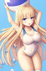  arms_up azur_lane ball beachball blonde_hair blue_background blue_eyes breasts buran_(22x) cleavage collarbone commentary_request competition_swimsuit cowboy_shot female highres icarus_(azur_lane) icarus_(nereid&#039;s_discovery)_(azur_lane) large_breasts long_hair looking_at_viewer official_alternate_costume one-piece_swimsuit simple_background solo standing swimsuit thighhighs water_drop white_one-piece_swimsuit white_thighhighs 