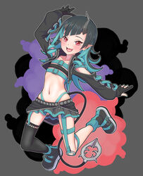  absurdres asymmetrical_gloves belt belt_bra black_footwear black_gloves black_hair black_jacket black_skirt black_thighhighs blue_belt blue_hair blue_legwear blue_panties blush chest_belt clothing_cutout commentary_request cropped_jacket cross-laced_clothes cross-laced_sleeves demon_girl demon_horns demon_tail fangs female flat_chest full_body garter_straps gloves grey_skirt highleg highleg_panties highres horns jacket jumping k_waremono layered_skirt long_hair long_sleeves looking_at_viewer midriff miniskirt multicolored_hair nanashi_inc. navel open_clothes open_jacket open_mouth panties partially_fingerless_gloves pointy_ears red_eyes shishio_chris shishio_chris_(1st_costume) shoes shoulder_cutout single_thighhigh skirt smile sneakers socks solo sugar_lyric tail thighhighs two-tone_hair underwear virtual_youtuber zipper zipper_skirt 