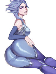  absurdres armpit_crease armpits ass bare_shoulders blue_hair blue_thighhighs bodysuit breasts commentary_request female frostblade_irelia highres irelia korean_commentary league_of_legends lips lying medium_breasts on_side purple_eyes short_hair signature simple_background smile solbang-ul solo thick_thighs thighhighs thighs white_background 