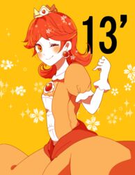  ;) blush closed_mouth commentary_request dress female gloves indisk_irio long_hair looking_at_viewer mario_(series) one_eye_closed orange_dress orange_hair parted_bangs princess_daisy short_sleeves smile solo standing super_smash_bros. white_gloves yellow_background 