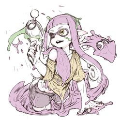  :d bike_shorts blush cephalopod_eyes cowboy_shot female gun highres holding holding_gun holding_weapon inkling inkling_girl inkling_player_character kosuke_orz luna_blaster_(splatoon) open_mouth pink_hair shirt short_sleeves simple_background single_bare_shoulder smile solo splatoon_(series) squid tentacle_hair weapon wet wet_clothes wet_shirt white_background yellow_shirt 