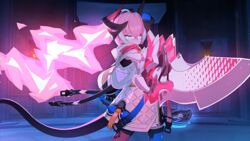  asymmetrical_legwear black_gloves blue_eyes blue_thighhighs dual_wielding female fire gloves glowing glowing_eyes glowing_weapon hair_between_eyes highres holding holding_sword holding_weapon honkai_(series) honkai_impact_3rd horns long_hair mismatched_legwear multicolored_hair night official_art outdoors patterned pink_fire pink_hair pointing_sword pointing_weapon red_legwear resized rozaliya_olenyeva rozaliya_olenyeva_(fervent_tempo) solo standing streaked_hair sword tail thighhighs third-party_source upscaled weapon 