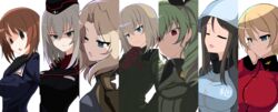  6+girls absurdres aikir_(jml5160) anchovy_(girls_und_panzer) anzio_military_uniform black_gloves black_headwear black_jacket black_necktie black_ribbon black_shirt blonde_hair blue_eyes blue_headwear blue_jacket brown_eyes brown_hair brown_jacket closed_eyes closed_mouth column_lineup commentary darjeeling_(girls_und_panzer) disgaea disgaea_team_attack dress_shirt drill_hair emblem frown garrison_cap girls_und_panzer glaring gloves grabbing_another&#039;s_chin green_hair green_jumpsuit grey_hair grey_jacket hair_intakes hair_ribbon half-closed_eye half-closed_eyes hand_on_another&#039;s_chin hand_on_own_face hand_on_own_neck hat highres insignia itsumi_erika jacket jumpsuit katyusha_(girls_und_panzer) kay_(girls_und_panzer) keizoku_military_uniform kuromorimine_military_uniform long_hair long_sleeves looking_to_the_side medium_hair mika_(girls_und_panzer) military military_hat military_uniform multiple_girls necktie nishizumi_miho one_eye_closed ooarai_military_uniform open_clothes open_jacket open_mouth parody pravda_military_uniform raglan_sleeves red_eyes red_jacket red_shirt ribbon saunders_military_uniform shirt short_hair slit_pupils smile smirk st._gloriana&#039;s_military_uniform star_(symbol) throat_microphone track_jacket trait_connection tulip_hat twin_drills twintails uniform wing_collar 