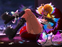  ahoge arielle_(vtuber) black_boots black_collar black_shirt black_shorts blonde_hair blue_eyes boots breasts canine cleavage collar colored_inner_hair commentary crossed_legs english_commentary female fishnet_pantyhose fishnets hair_ornament heart heart_ahoge highres indie_virtual_youtuber large_breasts legs liquid_hair long_hair looking_at_viewer luupiart multicolored_hair pantyhose platform_boots rainbow_hair shirt shorts smile solo strapless streaked_hair thighs torn_clothes torn_pantyhose torn_shirt triangular_eyewear tube_top virtual_youtuber white_tube_top x_hair_ornament 