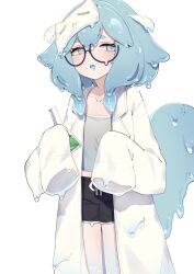  @_@ black_shorts blue_eyes blue_hair coat collarbone commentary drooling english_commentary female glasses highres holding indie_virtual_youtuber lab_coat mask mask_on_head mouth_drool open_clothes open_coat open_mouth semi-rimless_eyewear shorts sleep_mask sleepiebug sleeves_past_fingers sleeves_past_wrists slime_(substance) solo tail valefal_coneri virtual_youtuber white_background white_coat 