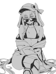  absurdres animal_hood bare_shoulders bikini bow breasts choker commentary_request crossed_legs fate/grand_order fate_(series) female greyscale highres hood hood_up hooded_jacket jacket jacket_partially_removed korean_commentary long_hair long_sleeves meltryllis_(fate) meltryllis_(swimsuit_lancer)_(fate) meltryllis_(swimsuit_lancer)_(first_ascension)_(fate) minew monochrome off_shoulder penguin_hood prosthesis prosthetic_leg simple_background sitting sleeves_past_fingers sleeves_past_wrists small_breasts solo sunglasses swimsuit very_long_hair white_background 