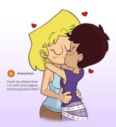  2girls age_difference blush breasts brown_hair earrings female female/female female_only fully_clothed happy_female holding_hips horny_female hugging incest kissing lesbian lesbians lori_loud luna_loud mannysdirt nickelodeon request siblings sisters the_loud_house thin thin_female yellow_hair yuri 