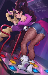  absurdres ass ayaka_(charismabard) blonde_hair breasts commentary commission dance_pad denim denim_shorts ear_piercing fellming female fishnet_pantyhose fishnets from_behind full_body fur_shawl hair_rings highres horns jacket long_hair looking_at_viewer medium_breasts multicolored_hair open_mouth original pantyhose piercing pink_eyes purple_hair purple_jacket shawl shoes short_shorts shorts skeb_commission skin-covered_horns smile solo teeth tiptoes two-tone_hair upper_teeth_only very_long_hair white_shoes 