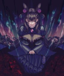  absurdres black_dress blush breasts brown_hair commentary_request cone_hair_bun double_bun dress fate/grand_order fate_(series) female gem haiinu hair_bun highres juliet_sleeves large_breasts long_hair long_sleeves looking_at_viewer murasaki_shikibu_(fate) murasaki_shikibu_(first_ascension)_(fate) puff_and_slash_sleeves puffy_sleeves purple_eyes purple_gem see-through_cleavage see-through_clothes sitting solo two_side_up 
