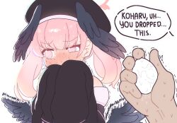  1other @_@ averting_eyes beret black_hat black_shirt black_wings blue_archive blush commentary covering_own_mouth egg english_text feathered_wings female halo hat head_wings highres holding holding_egg implied_egg_laying koharu_(blue_archive) long_hair looking_at_viewer low_wings otaichiichi pink_eyes pink_hair pink_halo pov pov_hands shirt sideways_glance simple_background single_bare_shoulder sleeves_past_fingers sleeves_past_wrists small_sweatdrop solo_focus speech_bubble sweat trembling twintails upper_body white_background wing_flapping wings 