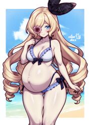  absurdres artist_name ass_visible_through_thighs bare_arms bare_shoulders beach big_belly bikini blonde_hair blood blood_on_face blue_bikini blue_eyes blue_sky blush border breasts closed_mouth cloud commentary drill_hair english_commentary feet_out_of_frame female flower flower_in_eye frilled_bikini frills hair_ornament hand_up highleg highleg_bikini highres large_breasts layered_bikini linea_nigra long_hair looking_at_viewer ocean original outie_navel outside_border parted_bangs pink_flower pregnant quad_drills rotomdocs shore sky smile solo standing string_bikini swimsuit symbol_in_eye thigh_gap very_long_hair white_bikini white_border 