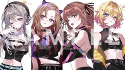  .live 4girls ahoge animal_ear_hairband animal_ears animal_halo arrow_(projectile) arrow_hair_ornament arrow_in_body arrow_in_head baby_animal backless_shirt belt belt_collar bird black_belt black_collar black_hat black_jacket black_ribbon black_shirt black_shorts black_skirt black_sleeves blonde_hair blue_belt blue_eyes blue_nails bracelet braid breasts brown_hair chest_belt chest_harness chest_strap chick cleavage_cutout closed_mouth clothing_cutout collar column_lineup crop_top cropped_shirt cross-shaped_pupils crossed_bangs detached_sleeves dot_nose double_halo fake_animal_ears fishnet_pantyhose fishnets gradient_hair grey_hair hair_between_eyes hair_intakes hair_ornament hair_ribbon hairband halo hand_on_own_face harness hat heart heart_hair_ornament high-waist_skirt high_collar highres hip_vent honami_azusa idol ieiri_popo jacket jewelry kakyouin_chieri long_hair long_sleeves looking_at_viewer midriff mole mole_under_eye multicolored_hair multiple_belts multiple_bracelets multiple_girls nail_polish nanashi_inc. navel o-ring o-ring_harness object_through_head official_alternate_costume official_art one_eye_closed open_mouth pantyhose pink_belt pink_eyes pink_hair pink_pupils pink_streaks purple_eyes purple_pupils quilted_jacket ribbed_shrug ribbon sample_watermark shichi_(kotoneco0711) shirt short_hair short_sleeves shorts shrug_(clothing) simple_background skirt specialite_(company) star_halo streaked_hair symbol-shaped_pupils teeth triptych_(art) two_side_up underbust upper_body upper_teeth_only vermouth_belluna watermark white_background white_shrug yellow_halo yellow_lining zipper 