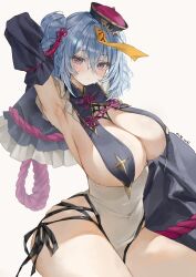  absurdres armpits astral_party blue_hair blush breast_curtains breasts cleavage commentary_request covered_navel detached_sleeves female fish_skeleton_hair_ornament haiqing_(astral_party) haiqing_(jiangshi)_(astral_party) hair_between_eyes hair_bun hair_ornament hat highres huge_breasts jiangshi_costume long_hair looking_at_viewer mimil official_alternate_costume ofuda ofuda_on_head purple_eyes qingdai_guanmao simple_background sleeves_past_fingers sleeves_past_wrists solo white_background 