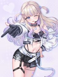  :p ;p absurdres black_collar black_gloves black_sports_bra blonde_hair breasts cleavage collar commentary cowboy_shot cropped_jacket earrings female gloves half-skirt hand_on_own_hip headset highres hololive hololive_dev_is jacket jewelry layered_skirt long_hair looking_at_viewer multicolored_hair nakuri_(nakuri_12) navel official_alternate_costume official_alternate_hairstyle one_eye_closed outstretched_arm panty_straps partially_fingerless_gloves pendant_collar purple_eyes purple_hair purple_streaks single_glove skirt small_breasts solo sports_bra standing star_pendant stomach streaked_hair thigh_strap thighlet todoroki_hajime todoroki_hajime_(black_aurora) tongue tongue_out torn_clothes torn_skirt two_side_up virtual_youtuber white_jacket 