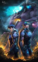  2boys 617247500 armor black_hair blue_eyes chinese_commentary commentary_request crossover diamond_wa_kudakenai green_eyes hat higashikata_josuke highres jaeger_(pacific_rim) jojo_no_kimyou_na_bouken kujo_jotaro male_focus mecha military military_vehicle multiple_boys pacific_rim parody partial_commentary pompadour power_armor realistic robot rubble science_fiction stone_ocean 