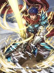  1boy armor cape company_name fire_emblem fire_emblem:_radiant_dawn fire_emblem_cipher headband holding holding_sword holding_weapon ike_(fire_emblem) ike_(vanguard_legend)_(fire_emblem) kuroba.k male_focus muscular muscular_male official_art sword weapon 