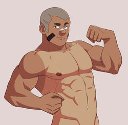  1boy abs bandaid bandaid_on_face bandaid_on_nose bara buzz_cut commentary completely_nude english_commentary flexing highres large_pectorals male_focus muscular muscular_male navel nipples nude original out-of-frame_censoring pectorals penis_out_of_frame pose raised_eyebrows short_hair sideburns simple_background smile smug solo stomach tan tanlines thick_eyebrows upper_body very_short_hair zink_(zink_mchn) 