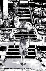  1other bag carcass commentary_request facing_away female greyscale horns horror_(theme) long_hair long_sleeves miniskirt monochrome original school_uniform shoes shoulder_bag shrine skeleton skirt socks stairs statue tokomichi 