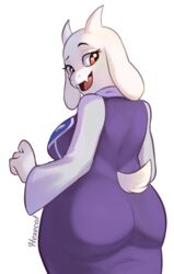  absurd_res anthro ass big_breasts big_butt boss_monster_(undertale) bovid breasts caprine clothing curvy_figure digital_media_(artwork) dress eyebrows eyelashes female fur goat hexecat hi_res horn looking_back mammal mature_female open_mouth open_smile portrait raised_eyebrow red_eyes scut_tail short_tail slightly_chubby slightly_chubby_anthro slightly_chubby_female smile solo standing tail three-quarter_portrait tight_clothing tight_dress toriel undertale undertale_(series) voluptuous white_body white_fur wide_hips 