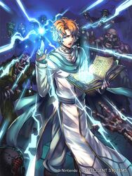  1boy artur_(fire_emblem) book company_name fire_emblem fire_emblem:_the_sacred_stones fire_emblem_cipher holding holding_book holding_weapon kinoshita_kotetsu light light_rays magic male_focus official_art weapon zombie 