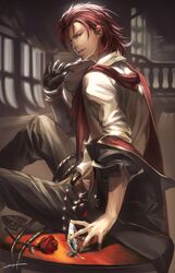  1boy armor belt black_coat coat crystal emblem fingernails flower gauntlets glint granblue_fantasy hair_slicked_back highres holding looking_at_viewer looking_back male_focus off_shoulder parted_lips percival_(granblue_fantasy) red_eyes red_flower red_hair red_rose rose ship_interior single_gauntlet sitting sleeves_rolled_up slowl241 smile solo 