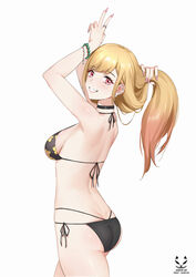  artist_logo bead_bracelet beads bikini black_bikini black_choker blonde_hair blush bracelet breasts butt_crack choker colored_tips commentary cowboy_shot ear_piercing earrings fake_nails female fingernails floral_print from_side gradient_hair grin gyaru halterneck hand_in_own_hair hands_up highres jewelry kitagawa_marin long_fingernails long_hair looking_at_viewer looking_back medium_breasts multi-strapped_bikini_bottom multicolored_hair nail_polish piercing pink_nails pixiv_id print_bikini red_eyes red_hair shadow_cat_(yingmiao) side-tie_bikini_bottom simple_background smile solo sono_bisque_doll_wa_koi_wo_suru standing string_bikini swept_bangs swimsuit teeth v white_background 