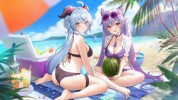  2girls ahoge alternate_costume artist_name ass back ball bangs bare_arms bare_legs bare_shoulders barefoot beach beach_mat beachball beads bikini black_bikini blue_flower blue_hair blue_sky blurry blurry_background blurry_foreground blush book bottle breast_rest breasts cleavage cloud cloudy_sky collarbone cone_hair_bun contemporary cooler day depth_of_field double_bun drink eyewear_on_head feet_out_of_frame flower food frilled_bikini frilled_shirt frilled_sleeves frills from_side fruit fukuro_daizi ganyu_(genshin_impact) goat_horns hair_between_eyes hair_bun hair_flower hair_ornament halterneck highres holding holding_ball horns indian_style jewelry keqing_(genshin_impact) large_breasts leaf long_hair looking_at_viewer looking_back multiple_girls nail_polish neck_tassel necklace ocean oerba_yun_fang open_clothes open_mouth open_shirt outdoors petals purple_bikini purple_eyes purple_hair purple_nails sand see-through see-through_shirt shirt short_sleeves sidelocks signature sitting skin_fang skindentation sky smile solo starfish string_bikini swimsuit tassel_choker thigh_strap thighs tinted_eyewear toenail_polish toenails twitter_username wariza water watermelon wet white_shirt 