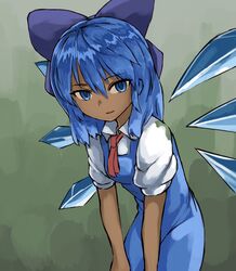  annyui_(cookie) blue_bow blue_dress blue_eyes blue_hair bow cirno commentary_request cookie_(touhou) cowboy_shot dress female hair_between_eyes hairbow highres ice ice_wings leaning_forward looking_at_viewer necktie nob1109 open_mouth pinafore_dress puffy_short_sleeves puffy_sleeves red_necktie red_ribbon ribbon shirt short_hair short_sleeves sleeveless sleeveless_dress solo tan tanned_cirno touhou white_shirt wing_collar wings 