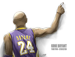  1boy 2020 bald basketball_uniform bracelet character_name chinese_commentary commentary dark-skinned_male dark_skin elbow_pads english_text examheart facing_away from_behind jewelry kobe_bryant los_angeles_lakers male_focus muscular muscular_male national_basketball_association photoshop_(medium) pointing real_life short_sleeves signature solo sportswear upper_body very_dark_skin 