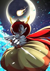  black_tiara clothed clothing cocco disney dress female fire hair hekapoo humanoid humanoid_pointy_ears lidded_eyes long_hair moon night not_furry one_eye_visible pale_skin plant red_eyes red_hair sky solo star star_vs._the_forces_of_evil starry_sky tree weapon yellow_sclera 