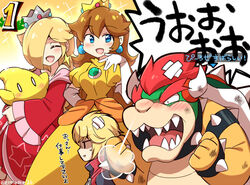  0_0 2boys 2girls ^_^ alternate_color artist_name bandaged_head bandages black_eyes blonde_hair blue_eyes blush bowser bracelet breasts breath brooch brown_hair bruise clenched_hands closed_eyes colored_skin commentary_request constricted_pupils cosplay crossover dress earrings elbow_gloves eromame fire_rosalina forked_eyebrows furry furry_male gem gloves green_skin hair_flaps hair_over_one_eye half-closed_eyes hand_on_own_hip hand_up hands_up happy horns hug injury jewelry long_sleeves looking_at_viewer luma_(mario) mario_(series) multiple_boys multiple_girls nose_blush one_eye_covered open_mouth princess_daisy princess_daisy_(cosplay) princess_peach puff_of_air puffy_short_sleeves puffy_sleeves red_dress red_hair red_vest reptile_boy rosalina sharp_teeth short_hair short_sleeves shouting shulk_(xenoblade) sidelocks signature small_breasts smile sparkle speech_bubble spiked_bracelet spiked_shell spikes star_(symbol) super_smash_bros. sweat talking teeth thick_eyebrows tongue translated twitter_username v-shaped_eyebrows vest white_eyes white_gloves white_horns wide_sleeves xenoblade_chronicles_(series) yellow_dress yellow_skin zipper_pull_tab 