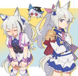  3girls :d alternate_costume animal_ears arknights ascot black_headwear blue_bow blue_skirt bow brown_hair closed_eyes cosplay cowboy_shot d.y.x. dress dual_persona ear_ribbon epaulettes gloves grani_(arknights) grey_eyes hair_between_eyes hairbow hand_on_own_chest hat horse_ears horse_girl horse_tail leaning_forward long_hair looking_at_viewer multiple_girls open_mouth pink_ascot pink_bow ponytail puffy_short_sleeves puffy_sleeves purple_dress red_eyes short_hair short_sleeves single_epaulette skadi_(arknights) skirt smile special_week_(umamusume) special_week_(umamusume)_(cosplay) standing tail thighhighs thumbs_up tokai_teio_(umamusume) tokai_teio_(umamusume)_(cosplay) umamusume very_long_hair white_gloves white_legwear wrist_cuffs 